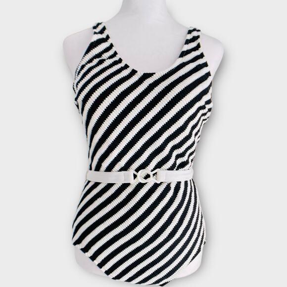NWT Vintage 70s 80s Jantzen Striped Belted Retro Pinup Bodycon Swimsuit 16 USA - Picture 1 of 16